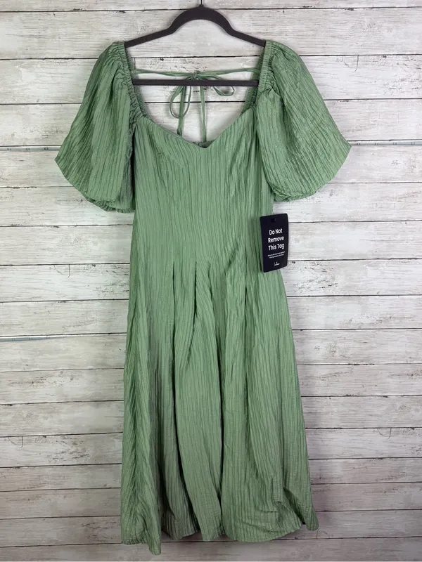 Lulus Heavenly Energy Sage Textured Puff Sleeve Pleated Midi Dress Size Small - Image 3