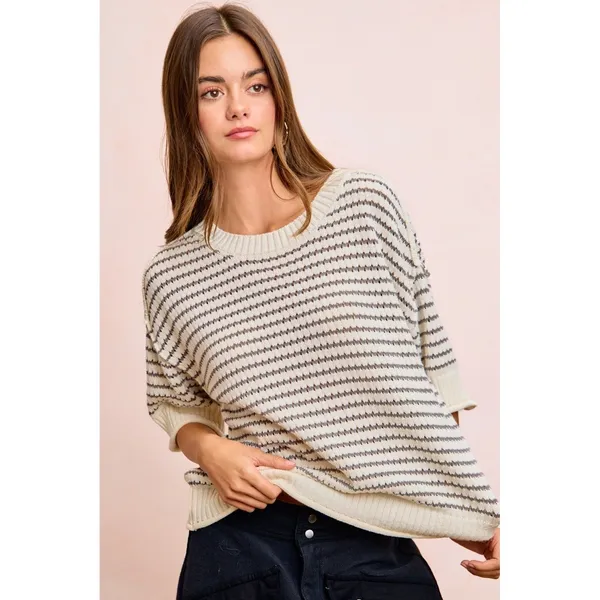 BiBi Stripes Short Sleeves Rib Banded Outseam Knit Top‎ - Cream/Grey - Medium - Image 14