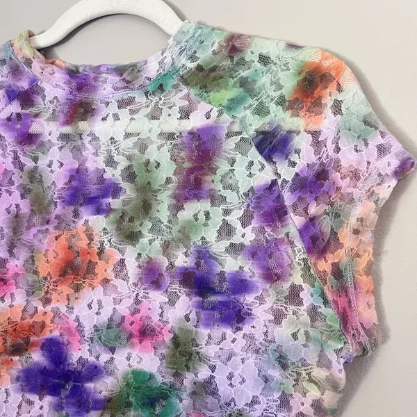 Pilcro Anthropologie Sheer Floral Mesh Lace Cap Sleeve Top Multicolor M - Image 3