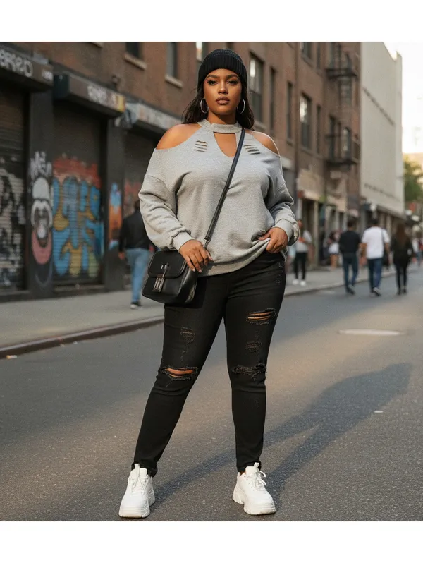 Edgy Gray Cold Shoulder Cutout Sweatshirt XXL Long Sleeve Top Distressed - Image 11