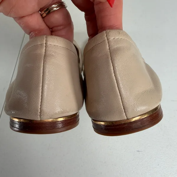 Tory Burch Minnie Womens 8.5 Cap Toe Logo Beige Gold Ballet Flat Slip On Shoe - Image 9