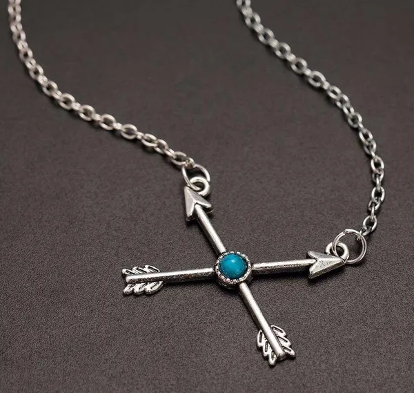 Crossed Arrows Turquoise Silver Boho Necklace - Image 2