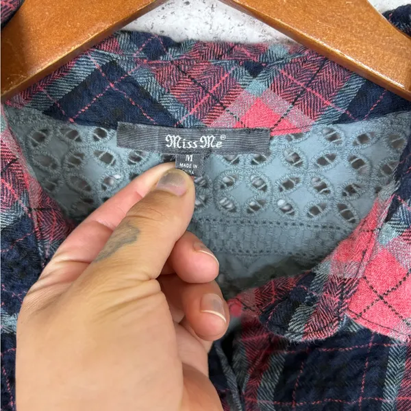 Miss Me Distressed Crochet Lace Button Down Flannel - Image 3