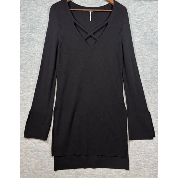 Free People Womens V-Neck Black Long Sleeve Sweater Tunic Dress M‎ - Image 3