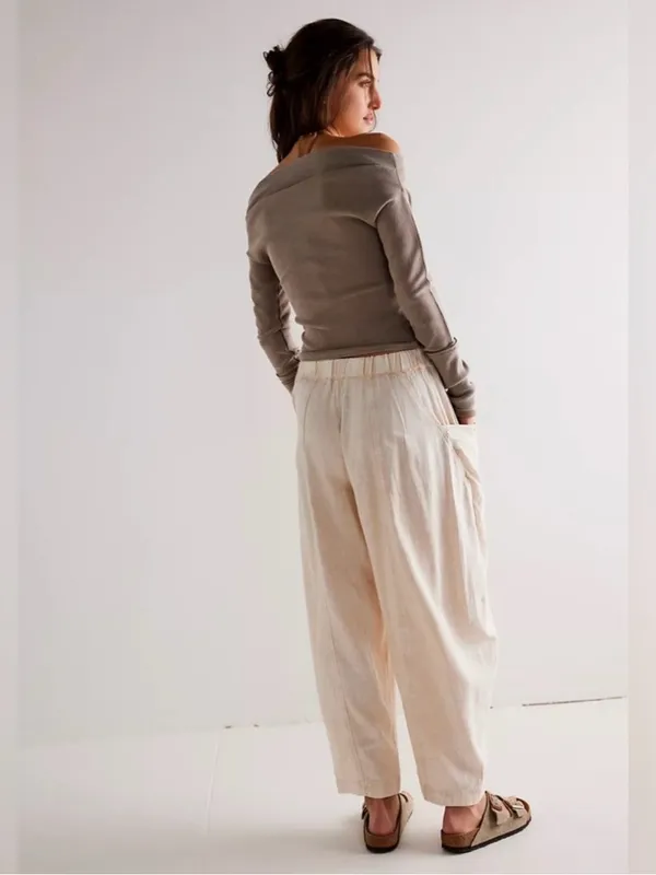 🆕 NWT Free People High Road Barrel Pants Linen Boho Wide-Leg Pockets Tan Large - Image 3