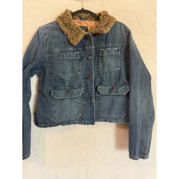 American Eagle Denim Jacket XL Womens Faux Shearling Collar Floral Lining Blue - Image 5