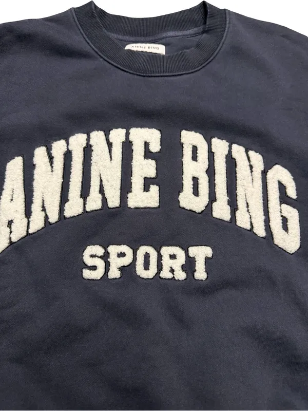 👕 ANINE BING Tyler Sport Sweatshirt Navy Terry Varsity Logo Pullover Medium 👕 - Image 3