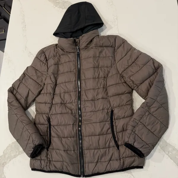 Guess Detachable Hoodie Puffer Jacket Women’s Size Large Taupe Outerwear Casual - Image 2
