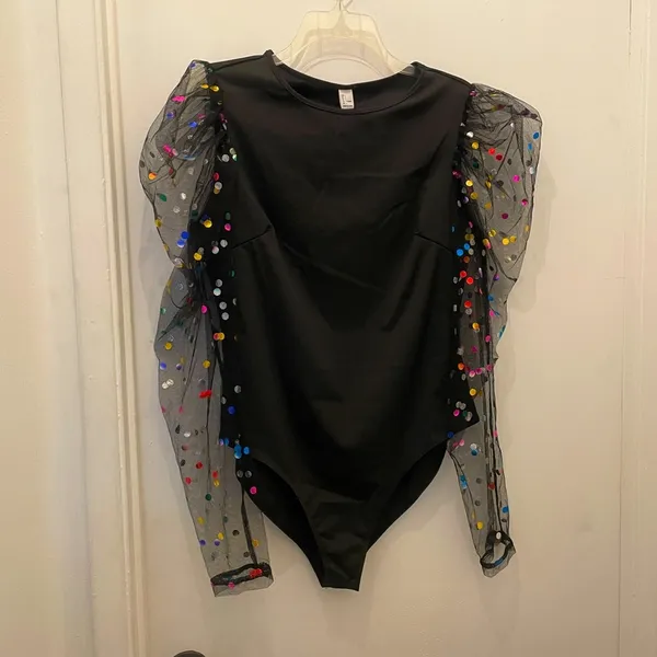 - New puff sleeves statement top sheer sleeves polka dot print bodysuit L - Image 4