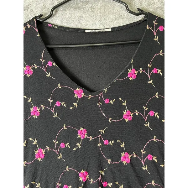 Vintage Y2K Black Pink Rose Floral Mesh V Neck Long Sleeve Top Fairy Grunge S - Image 2
