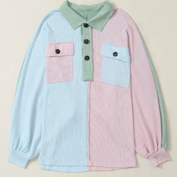 Multicolor Pastel Pink Green Blue Colorblock Patchwork Ribbed Pullover Top Size M - Image 2