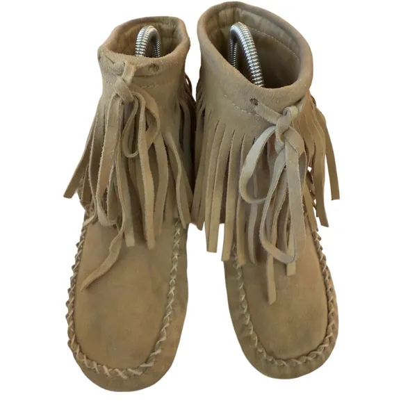ALDO VTG Y2K 90s Tan embroidered Skagen Fringe Suede Moccasins Boho Festival RARE‎ - Image 4