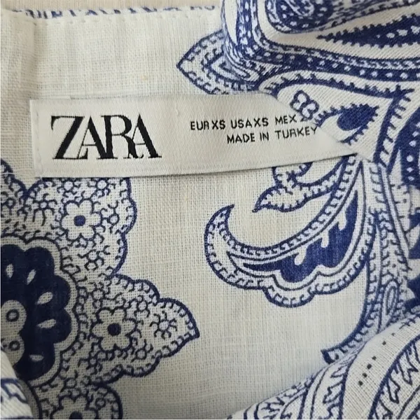 Zara White & Blue Linen Blend Paisley Patterned Fit & Flare Summer Dress Size XS - Image 4