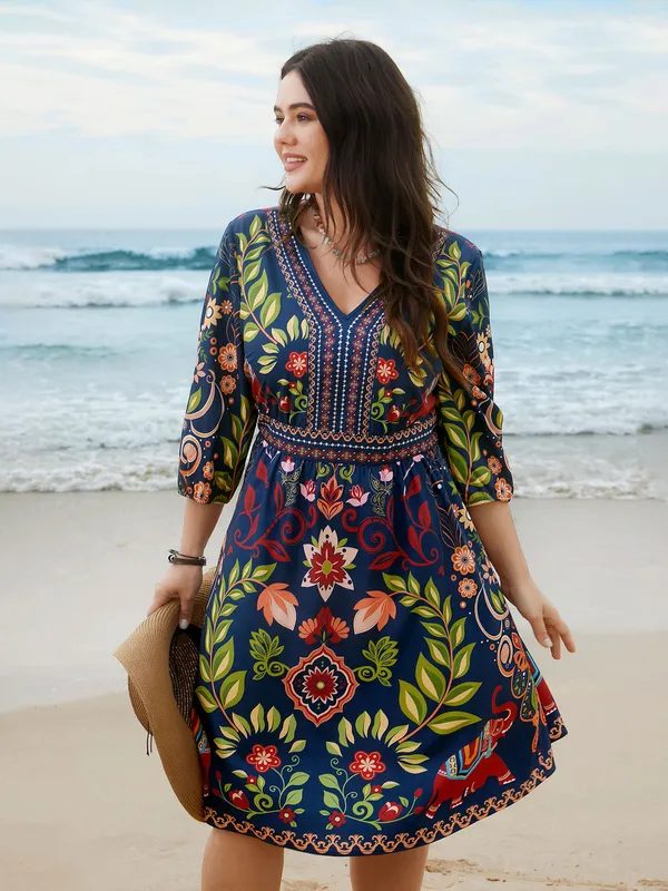 BloomChic Blue Floral Boho Dress V-Neck 3/4 Sleeve Midi Size 10 - Image 4