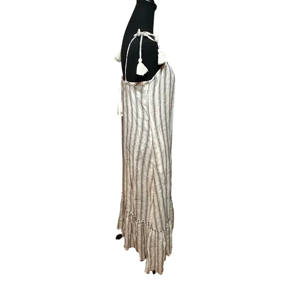 Tory Burch Striped Linen Maxi Dress Brown Cream Tassel Tie Straps 87512 Small - Image 3
