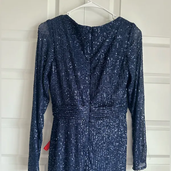 Mac Duggal 26490 Midnight Sequin Long Sleeve‎ Faux Wrap Formal Gown NWT - Image 8