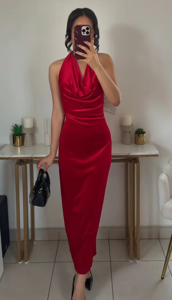 Zara dress maxi festive velour red halter party wedding Christmas - Image 2
