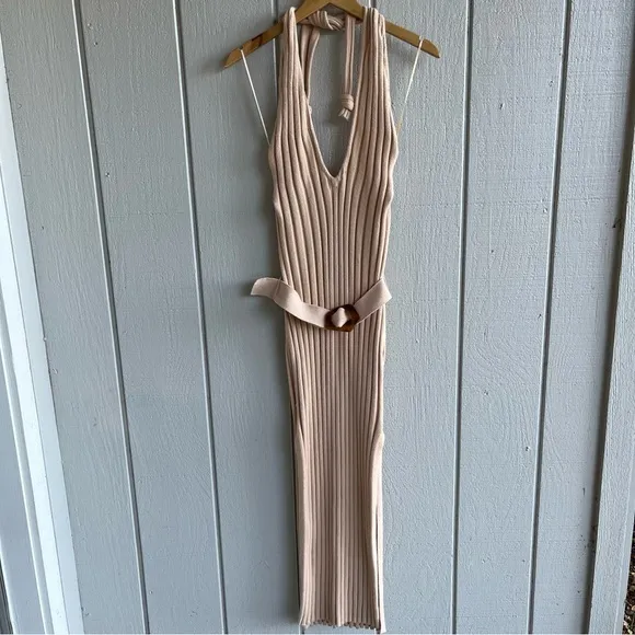NICHOLAS Plunge‎ Neck Ribbed Cotton Knit Dress Neutral Beige Size M - Image 2