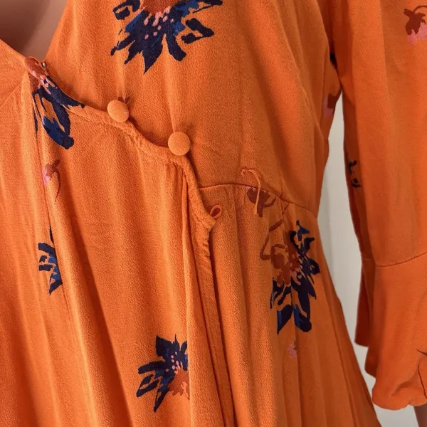 Free People Mini Dress Surplice Wrap Floral Boho Hippie Peasant Orange Bell Sz M - Image 3