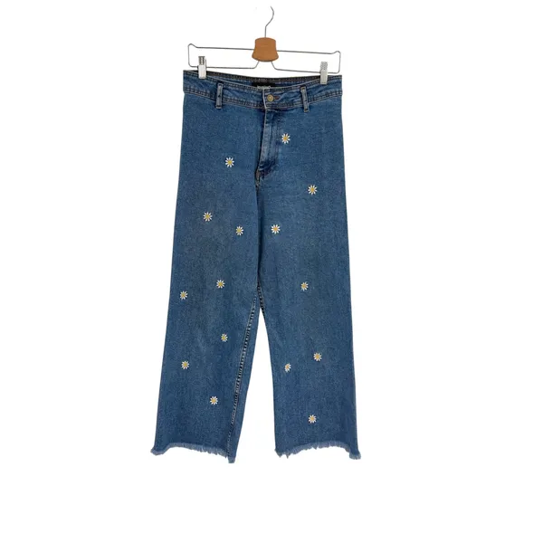 Desigual Embroidered Daisy Cropped Culotte Jeans‎ Wide Leg Blue Denim 40 US 8 - Image 2