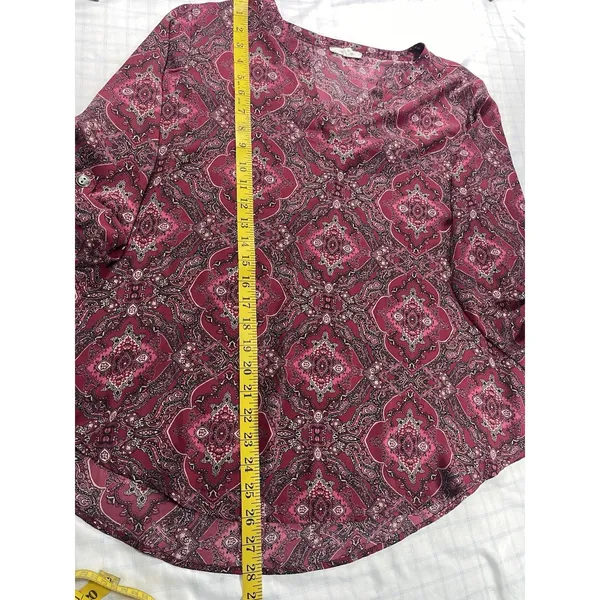 Maurices Women's XL Pink Paisley Boho Blouse Roll-Tab Sleeve V-Neck Tunic - Image 5
