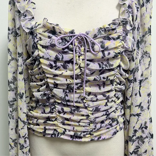Free People Mabel Lilac Combo Purple Yellow Floral Sheer Puff Sleeve Top Large - Image 3