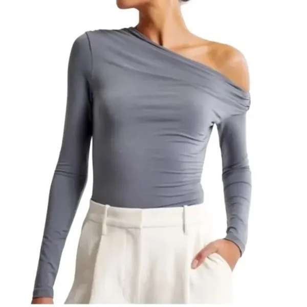 NWOT Abercrombie Asymmetrical Draped Bodysuit in Blue - Image 2