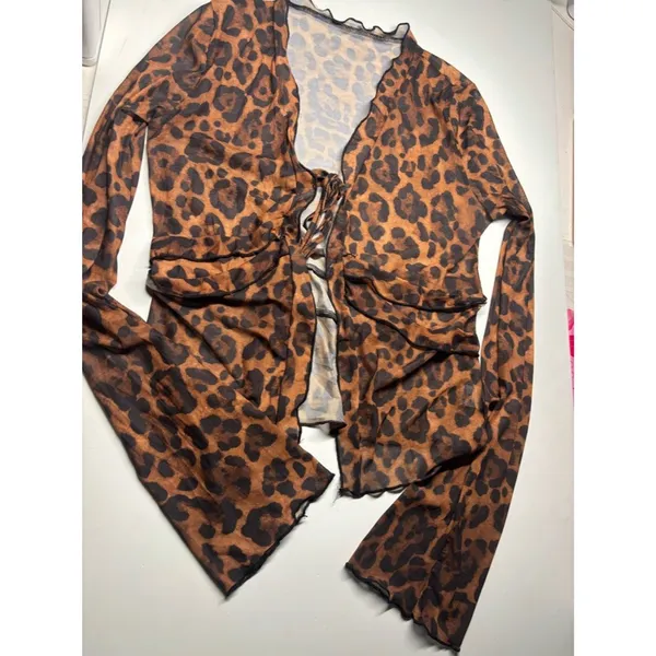 Leopard Print Mesh Tie Front Top Brown Black Ruffle Bell Sleeve Y2K Coquette - Image 4