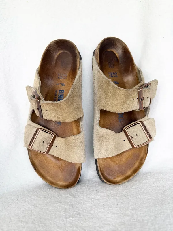Birkenstock Women’s Suede 2-Strap Buckle Slide Sandals Beige EU 37 US 6 - Image 2