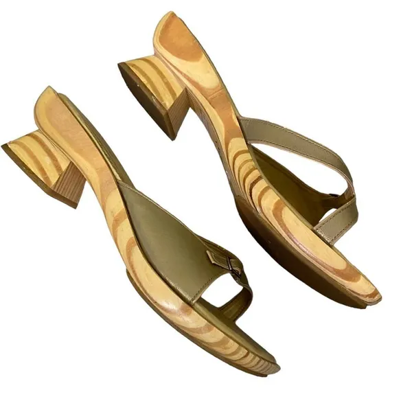 Retro Vis a Vie Gold Leather Wood Slide Sandals Size 9 - Image 6