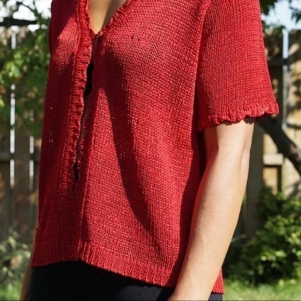 Sag Harbor 🍁 Bright‎ Red Scalloped Edge Open Knit Cardigan - Image 2