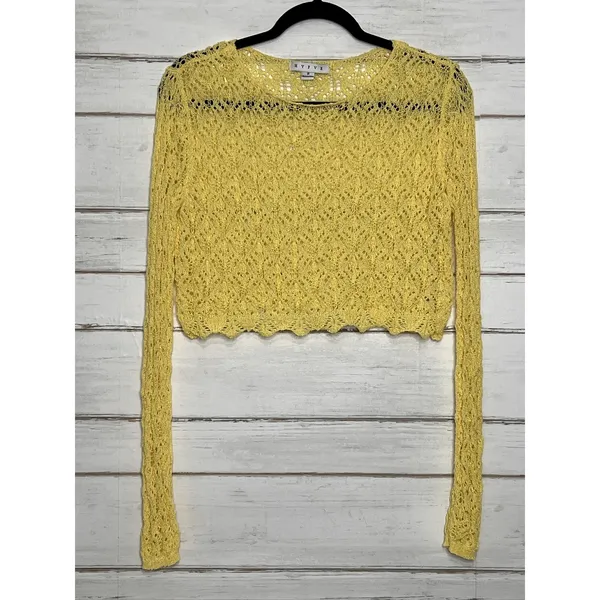 HYFVE Women's Small Yellow Long Sleeve Crochet Knit Pullover Sweater Sheer - Image 2