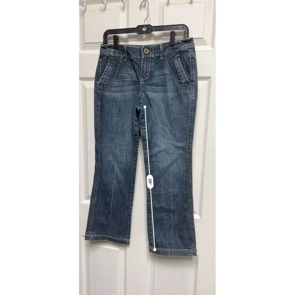 Womens Dark Wash Cropped Flare Jeans Low Rise Y2K‎ Style Denim Blue 31x25 - Image 4