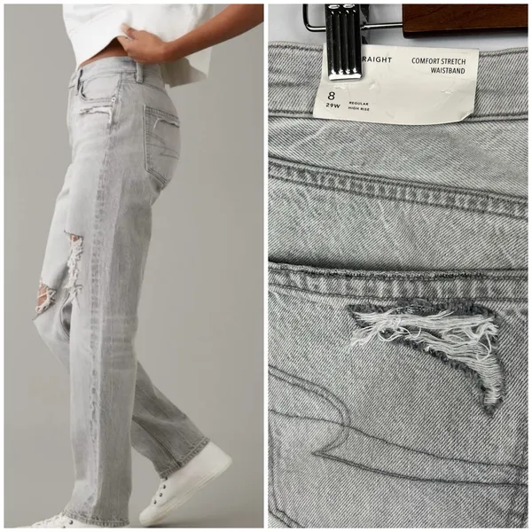 NEW American Eagle 8 Ripped '90s Straight High Waist Jean Gray Wash - Image 7