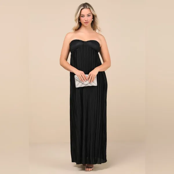 LULU’S Whimsical Beauty Black Satin Plisse Strapless Maxi Dress - Image 8