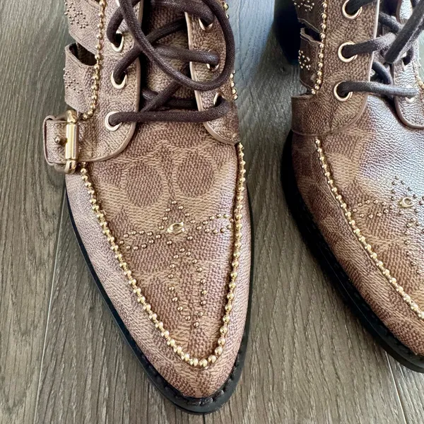 Coach Paisley Cowboy Boots Western Lace Up Studs Monogram Logo Cage Women 10B - Image 8
