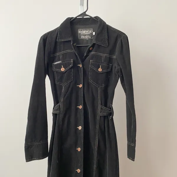 Rampage S Black Corduroy Maxi Dress Button Front Long Sleeve Belted Y2K‎ Grunge - Image 2