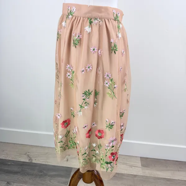 Rick Cardona Floral Embroidered Mesh Midi Skirt Nude Pink EUR 34 GB 8 - Image 2