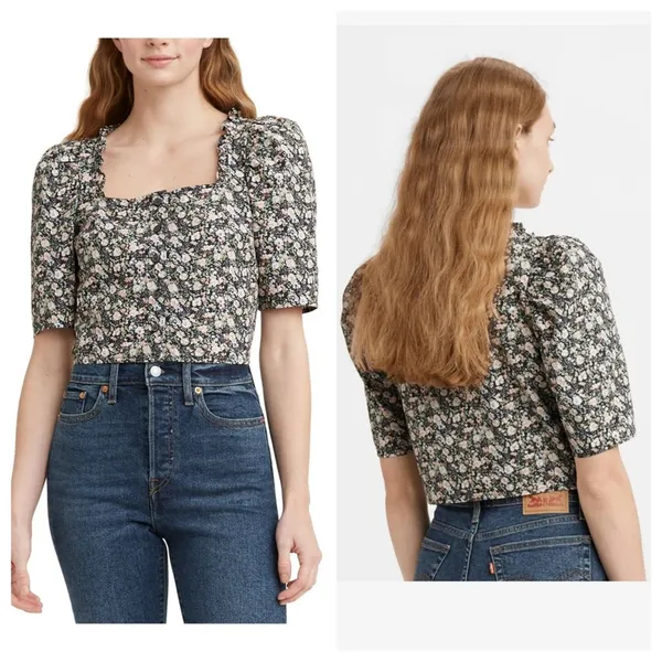 NEW Levi’s Square Neck Puff Sleeve Floral Crop Blouse 100% Cotton - Size XL - Image 2