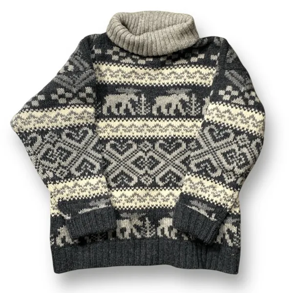 Vintage 90s Eddie Bauer Gray Black Moose‎ Nordic Fair Isle Turtleneck Sweater - Image 5