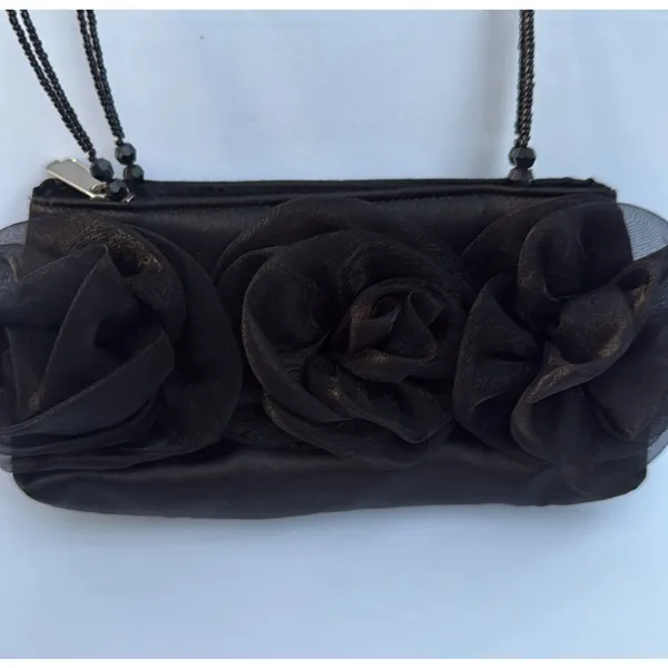 Vintage Handbag Black Rayon with Beaded Handle and Rose Detail - Image 2