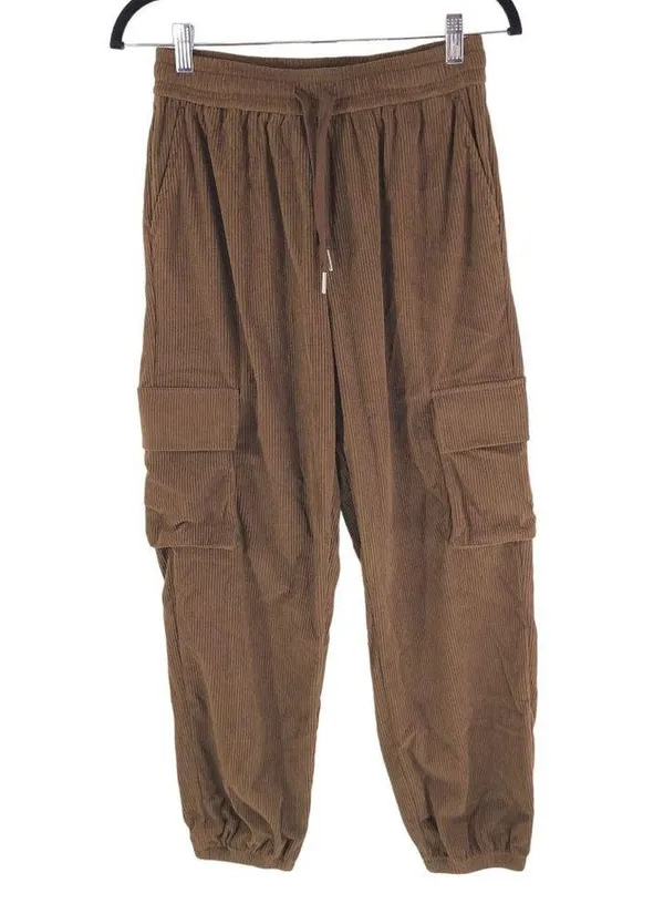 Halara Mid Rise Drawstring Side Pocket Corduroy Casual Cargo Joggers Brown S - Image 3