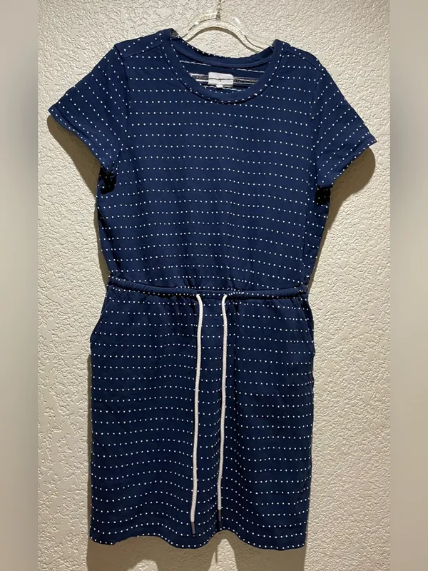 Lou & Grey Navy Blue White Polka dots Everyday Dress Pockets Cinched Waist M - Image 2