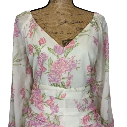 Showpo White Pink Floral Long Sleeve Mini Dress Ruched Waist Coquette Size 6‎ - Image 2