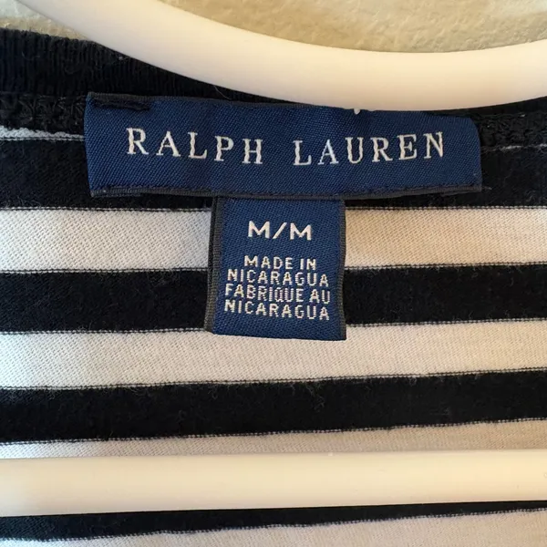 Ralph Lauren Navy White Striped V-Neck Long Sleeve‎ Cotton Tee Shirt Size Medium - Image 2