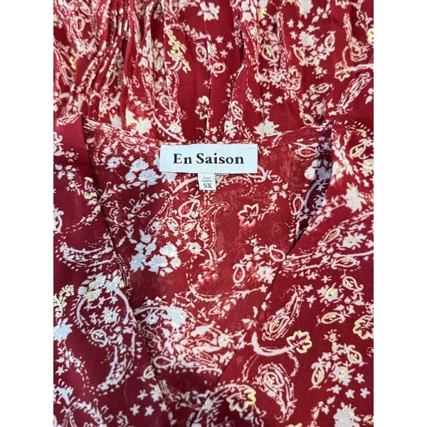 En Saison Womens Dress Red Maxi V Neck Floral Puff Sleeve Pleated Fairycore XS - Image 4