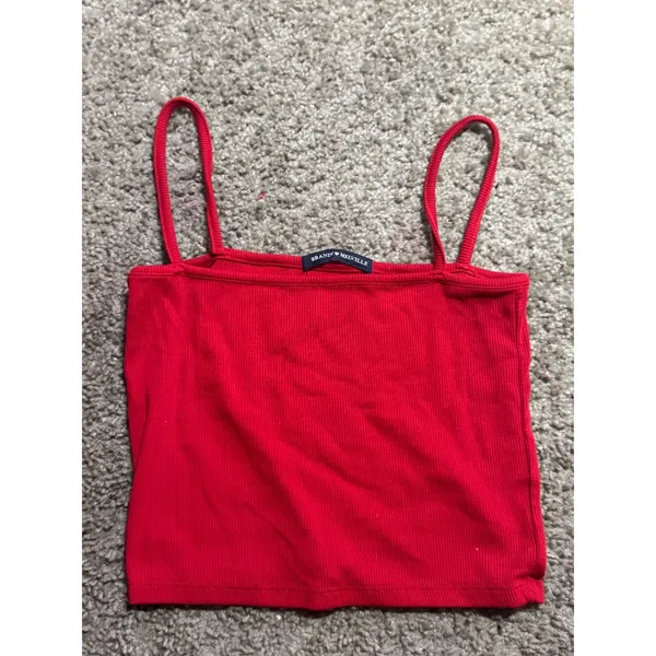 Brandy Melville Red Ribbed Tank Top Square Neck Spaghetti Strap Cropped Camisole - Image 2