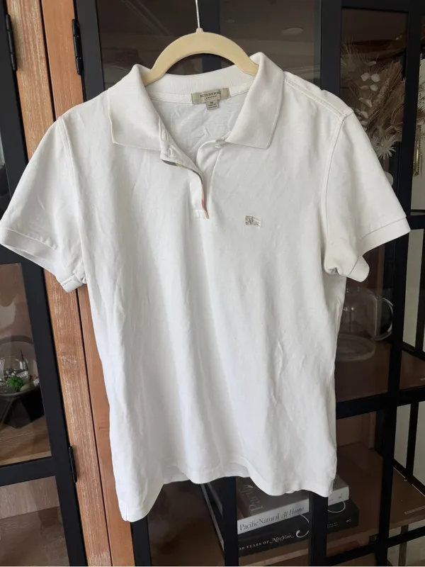 Burberry polo shirt short sleeve top collar cotton plaid trim embroidered logo - Image 8