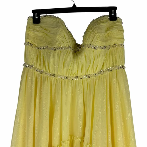 Mac Duggal Strapless Chiffon Hi Low Evening Gown Lemon Yellow Size 14 - Image 6