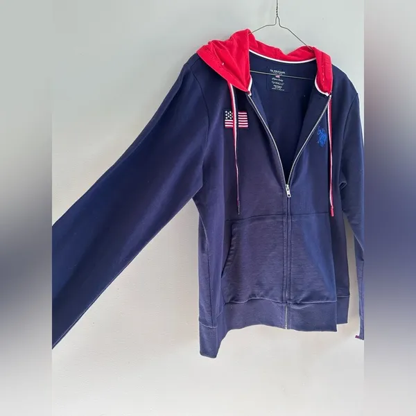 U. S. Polo Assn Women's Sz XXL Hoodie Jacket Navy Blue Red Hood Full Zip Pockets - Image 3
